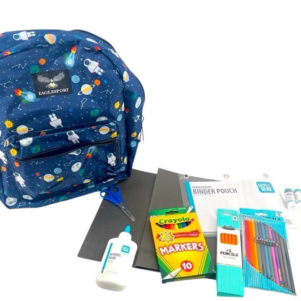 Eaglesport Space Backpack 16” NWT + School Supplies Bundle – Navy Blue